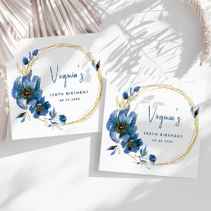 Blauw Gouden Aquarel Bloem 100ste Verjaardag Servet