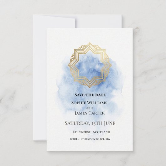 Blauw Gouden Aquarel Bruiloft Save The Date (Voorkant)