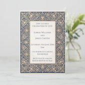 Blauw Gouden Arabesque Kant Bruiloft Uitnodiging (Staand voorkant)