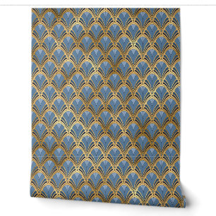 Blauw Gouden Art Deco Geometrisch Patroon Behang