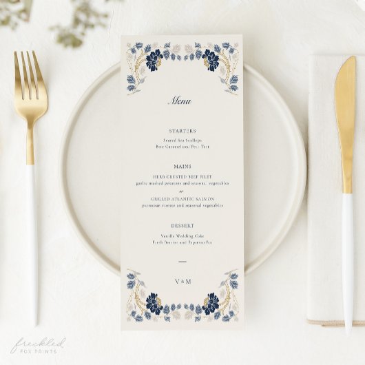 Blauw Gouden Art Nouveau Bruiloft Menu