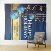 Blauw gouden ballen mooie lint Kerstgroeten Wandkleed (In Situ (horizontaal))