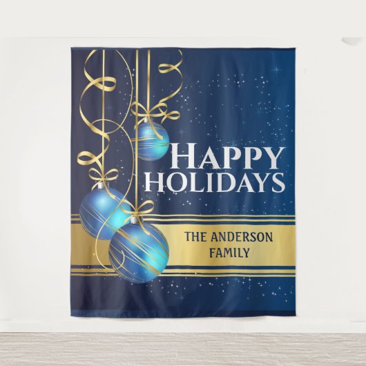 Blauw gouden ballen mooie lint Kerstgroeten Wandkleed (Voorkant)