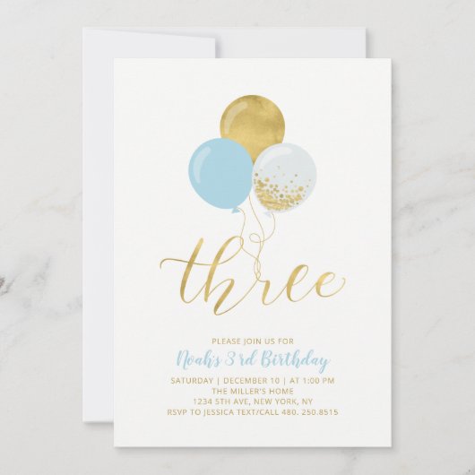 Blauw & Gouden Ballonnen Drie 3e Verjaardagsfeestj Kaart (Voorkant)