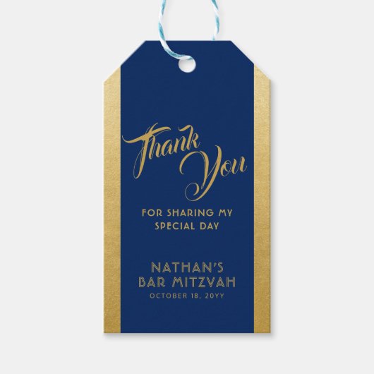 Blauw Gouden Bar Mitzvah Favor Dank u Cadeaulabel (Voorkant)