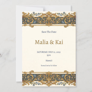 Blauw Gouden Barok Save the Date-magneet Magnetische Uitnodiging