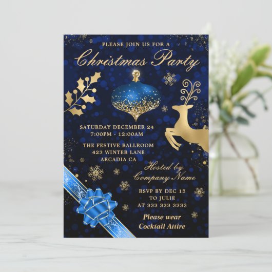 Blauw & gouden Bauble & lint kerstfeest Kaart (Staand voorkant)