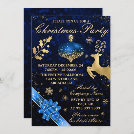 Blauw & gouden Bauble & lint kerstfeest Kaart (Voorkant / Achterkant)