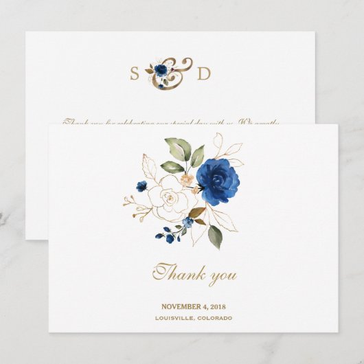 Blauw Gouden Bloem Bruiloft Bedankt (Voorkant / Achterkant)