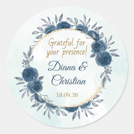 Blauw Gouden Bloem Bruiloft Sticker Elegante Cirke (Voorkant)