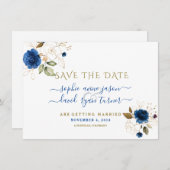 Blauw Gouden Bloem Calligrafie Huwelijk Save The D Save The Date (Voorkant / Achterkant)