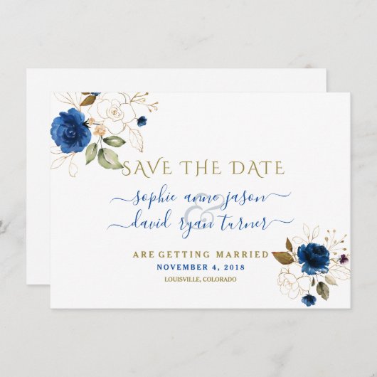 Blauw Gouden Bloem Calligrafie Huwelijk Save The D Save The Date (Voorkant / Achterkant)