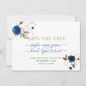Blauw Gouden Bloem Calligrafie Huwelijk Save The D Save The Date (Voorkant)