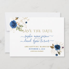 Blauw Gouden Bloem Calligrafie Huwelijk Sla de Dat Save The Date