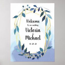 Blauw Gouden Bloem Geometrisch Ontvangst Huwelijk  Poster