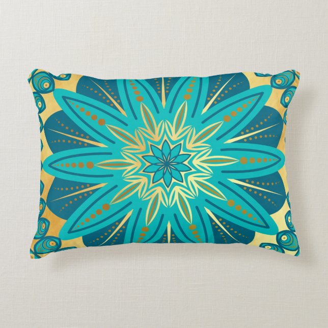 Blauw Gouden Bloem Mandala Accent Kussen (Voorkant)