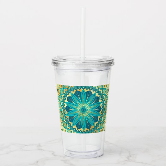 Blauw Gouden Bloem Mandala Acryl Drinkbeker (Voorkant)