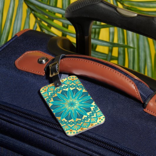 Blauw Gouden Bloem Mandala Bagagelabel (Voorkant Insitu 1)