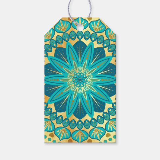 Blauw Gouden Bloem Mandala Cadeaulabel (Voorkant)