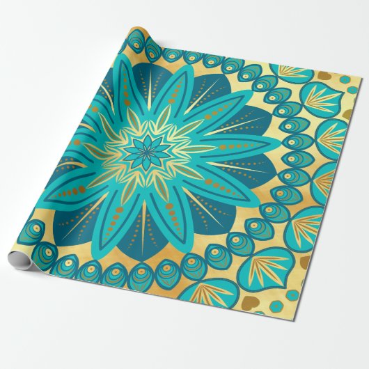 Blauw Gouden Bloem Mandala Cadeaupapier (Uitgerold)