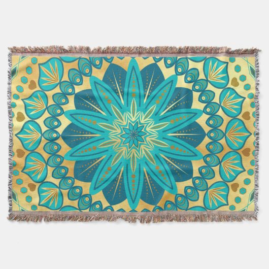 Blauw Gouden Bloem Mandala Deken (Voorkant)