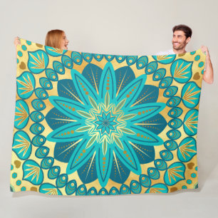 Blauw Gouden Bloem Mandala Fleece Deken
