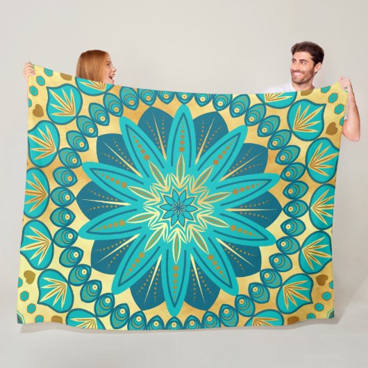 Blauw Gouden Bloem Mandala Fleece Deken (In situ)