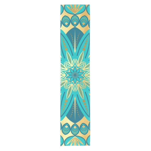 Blauw Gouden Bloem Mandala Korte Tafelloper (Voorkant)