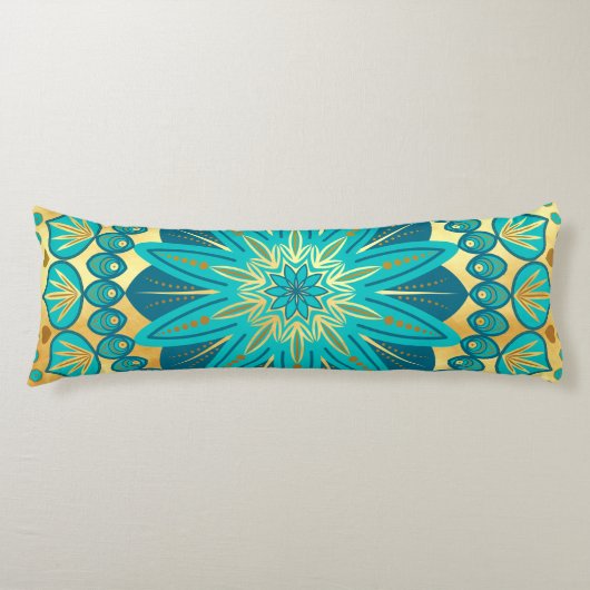 Blauw Gouden Bloem Mandala Lichaamskussen (Voorkant)
