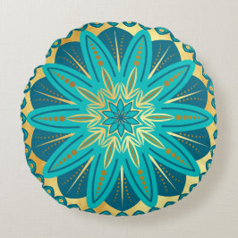 Blauw Gouden Bloem Mandala Rond Kussen