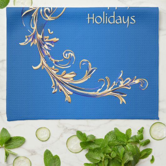 Blauw Gouden Bloem Vakantie Keuken Handdoek (Gevouwen)