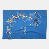 Blauw Gouden Bloem Vakantie Keuken Handdoek (Horizontaal)