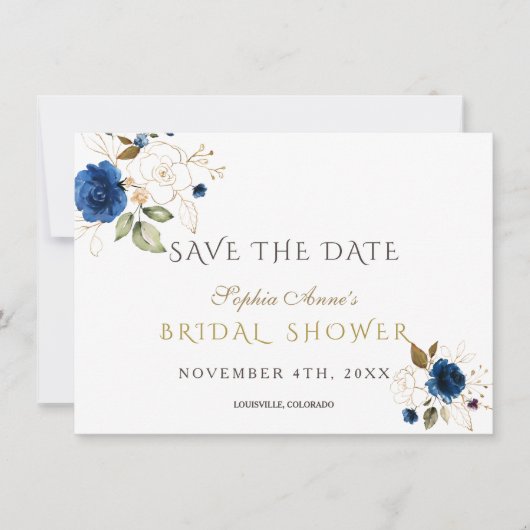 Blauw Gouden Bloemachtige Bruidsdouche Save The Da Date (Voorkant)