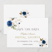 Blauw Gouden Bloemachtige Bruidsdouche Save The Da Save The Date (Voorkant / Achterkant)