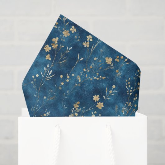 Blauw Gouden Bloemen Bruidsfeest Tissuepapier (Cadeauzakje)