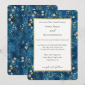 Blauw Gouden Bloemen Bruiloft Kaart (Voorkant / Achterkant)