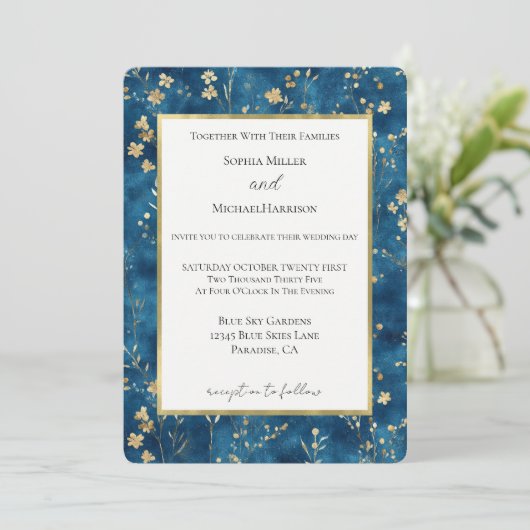 Blauw Gouden Bloemen Bruiloft Kaart (Staand voorkant)