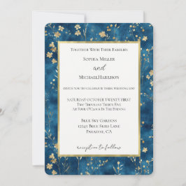 Blauw Gouden Bloemen Bruiloft Kaart