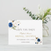 Blauw Gouden Bloemen Bruiloft Save The Date (Staand voorkant)