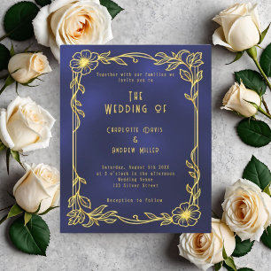 Blauw gouden bloemen bruiloft uitnodiging