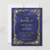 Blauw gouden bloemen bruiloft uitnodiging (Voorkant)
