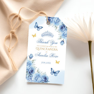 Blauw Gouden Bloemen Quinceanera Favor Bedank Gesc Cadeaulabel