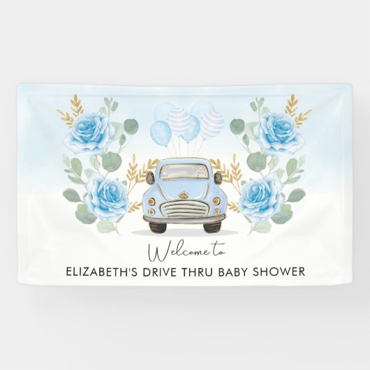Blauw Gouden Bloemend Drive Thru Baby Shower Welko Spandoek (Horizontaal)