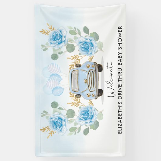 Blauw Gouden Bloemend Drive Thru Baby Shower Welko Spandoek (Verticaal)