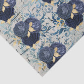 Blauw gouden bloemendamboursmotief uit het verlede tissuepapier (Detail)