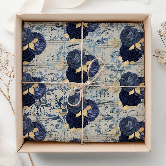 Blauw gouden bloemendamboursmotief uit het verlede tissuepapier