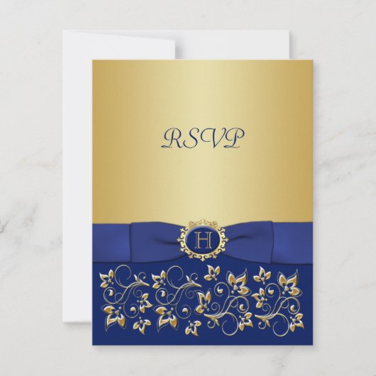 Blauw, Gouden Bloemendecoratie Huwelijksreactiekaa RSVP Kaartje (Voorkant)