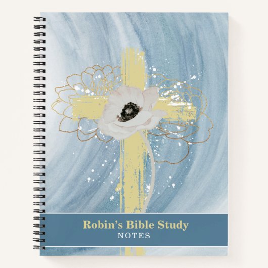 Blauw Gouden Bloemenkruis Gepersonaliseerde Bijbel Notitieboek (Voorkant)