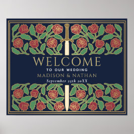 Blauw Gouden Bloemenswaard Koninklijk Trouwontvang Poster