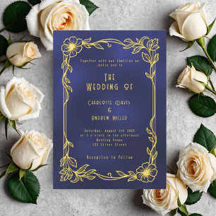 Blauw gouden bloemig vintage bruiloft kaart